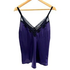 Oscar de la Renta Pink Label Satin Camisole Purple Lace Trim V-Neck Slip Top M