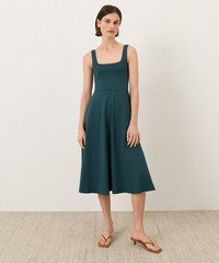 PACT Organic Fit & Flare Square Neck Dress, Deep Aqua NEW
