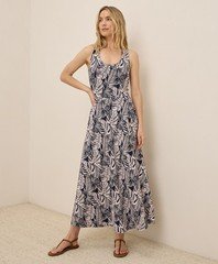 Pact Women's Medium Fit & Flare Open Back Maxi Dress Midnight Blue Palms
