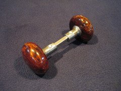 Pair Antique Brown Marble Swirl Tiger Eye Bennington Porcelain Door Knobs 1890's