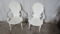 Pair Mid-Century Italian Neo-Classical Wood White Lacquer Shell & Dolphin Chairs