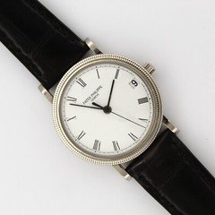 Patek Philippe Calatrava 18K White Gold Automatic Date Black Leather Band 3802G