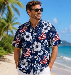 Patriotic USA Flag Floral Hawaiian Shirt 4th of July Mens Aloha Beach Button Up