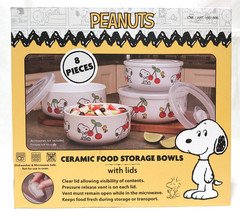 Peanuts Snoopy 8 Piece Pyrex Ceramic Food Storage set Bowls, Lids