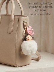 PERSONALISED MONKEY KEYRING - FLUFFY POM POM BAG CHARM"