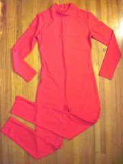 Plus Size Shiny Red Long Sleeve T-Neck Foot Less Unitard Size XL-14-16 New