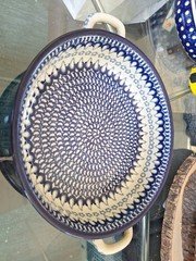 Polish Pottery Ceramic Baking Serving Dish Handles Round Traditional Blue 10 1/4