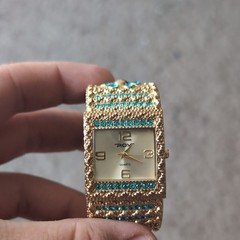 P.O.V Women's Quartz Analog Rectangle Gold Tone Bracelet Watch Blue Bezel