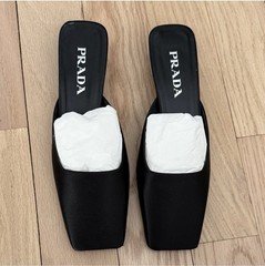 Prada Women’s Black Square Toe Slip-On Mule Heels Satin Upper Logo US 7. Euro 37