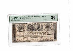 Province of Canada Municipal Council £25 $100 1850-51 Brockville PMG 30 VF