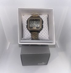 PUMA Digital Quartz Watch Square Black/Gold Case Gold Bracelet Day/Date Box