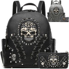 Punk Gothic Skull Art Rivet Studded Biker Purse Women Python Backpack Wallet Set