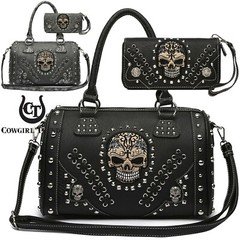 Punk Gothic Skull Carry Purse Boston Duffel Bag Women Shoulder Bag Wallet Set
