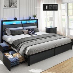Queen Size LED Bed Frame with Storage Headboard and 4 Drawers Charging Station