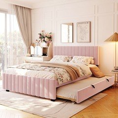 Queen Size Velvet Upholstered Platform Bed with Twin XL Trundle, Pink