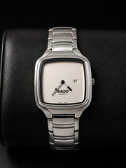 Rado True Quartz Square High-Tech Ceramic Silver Dial Date Silver Bracelet 30m
