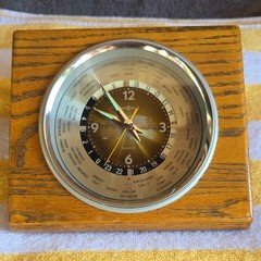 RARE 1970s Howard Miller Mid-Century Modern World Time Desk Clock, Walnut Base!