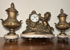 Rare Marti Signed French Marble Pink Figural Marble 3 Piece Set Mantel Clock