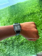 Rectangle Analog Wristwatch Silver Dial Roman Numerals Black Leather Box