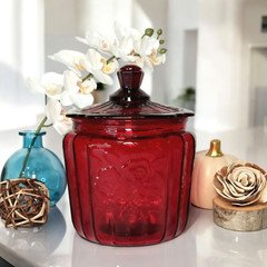 Red Amberina Depression Style Glass Cookie Jar, VTG Style Retro Kitchen Decor