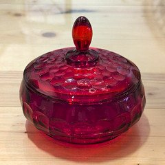 Red Glass Round Lidded Bowl w/ Lid, Diamond Point Pattern, 2-Piece Set