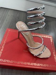 Rene Caovilla Silver Strappy Stiletto Silk Heels Open Toe Women's 8.5