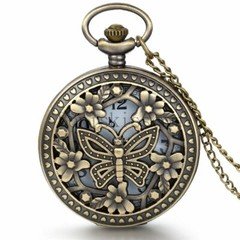 Retro Bronze Hollow Butterfly Case Quartz  Pocket Watch Necklace Sweater Chain