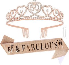 Rose Gold 60Th Birthday Sash and Crown Adult Women Rhinestone Birthday Tiara Ros