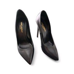 Saint Laurent Black Leather Studded Logo Platform Pump Stiletto Womens US 9