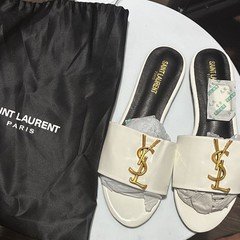 Saint Laurent White Leather Women's Slide Sandals Slip On Straps Gold Logo 8.5