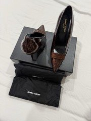 Saint Laurent Women’s Brown Patent Leather Animal Print Pointed Toe Pumps 9