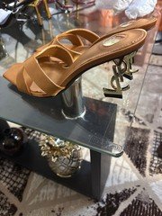 Saint Laurent Women’s Tan Square Toe Mule Stiletto Heels with Logo Accent