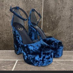 Sam Edelman Blue Velvet Platform Block Heel Ankle Strap Open Toe Buckle 7