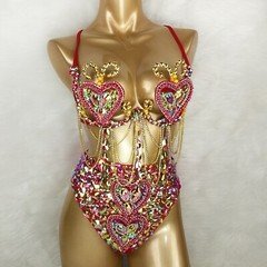 Samba Dance Costume Carnival Colorful Stones EDC Party Outfit Wire Bra Panties