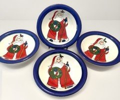Santa Bowls Folk Set 4 Hand painted Bowl Ceramic 8.25" Christmas Bowls Kitsch