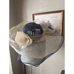 Scala Derby Sinamay Wide Brim Kentucky Derby Hat Ivory Navy OS Adjustable