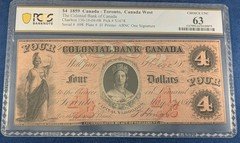 Scarce 1859 The Colonial Bank Of Toronto Canada $4 Obsolete PCGS UNC 63