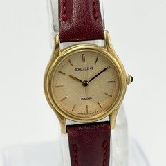 SEIKO Exceline 4N21-0390 Vintage 1991 Gold Dial Qz Women Watch Red leather belt