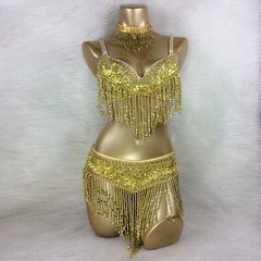 Sequins Beaded Belly Dance Costume Carnival Samba EDC Party 3pcs Outfit Bra Belt