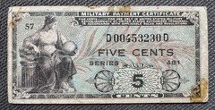 Series 481 5 Cent Military Payment Certificate MPC VG D00453230D Note