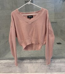 SER.O.YA Women’s Pink Distressed Knit V-Neck Pullover Sweater Long Sleeve XS