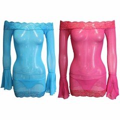 Set of 3 Flirtzy Sexy Sheer Mesh Bell Sleeve Mini Dress and Thong Lingerie