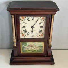 SETH THOMAS PILLAR & SCROLL Mount Vernon Panel W/ Key & Pendulum Antique USA