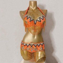 Seuqins Beading Samba Carnival EDC Outfit Belly Dance Costume Bra Belt Orange