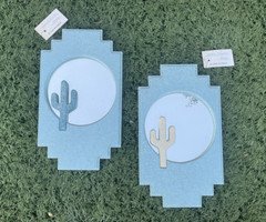 SIGNED PAIR Mid Century Mirrors Southwestern Ranch Style CACTUS Wooden Wall Art