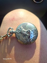Silver Polished Full Hunter Quartz Pocket Watch w/ Chain, White Dial Arabic