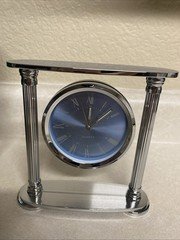Silver Tone Blue Face Roman Numerals Quartz Desk Clock 