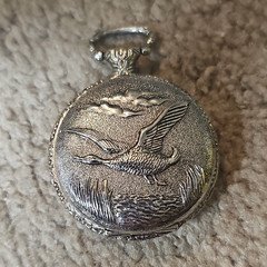 Silver Tone Full Hunter Pocket Watch Bird Theme Quartz Analog Black Dial