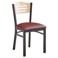 Slat Back Metal Restaurant Chair With Burgundy Vinyl Seat & Wood Back
