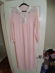 Small Lorraine Pink Long White Satin Collar/Cuff Nightgown Vintage Elegant